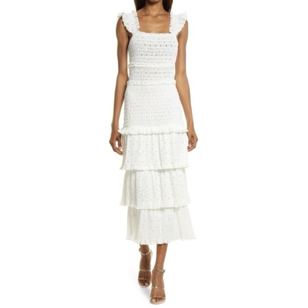NWT Saylor Perrie Dress in Ivory White Tiered Lace Midi Dress Size Large